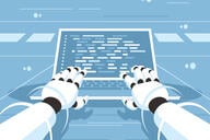 An illustration of two robotic hands typing on a keyboard.